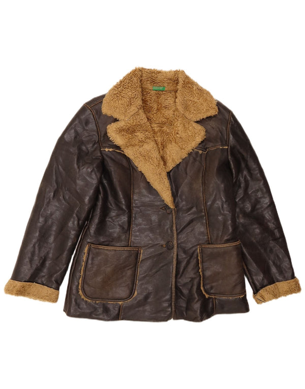 Benetton Damen Kunstleder Sherpa Jacke IT 46 Large Braun Polyacryl