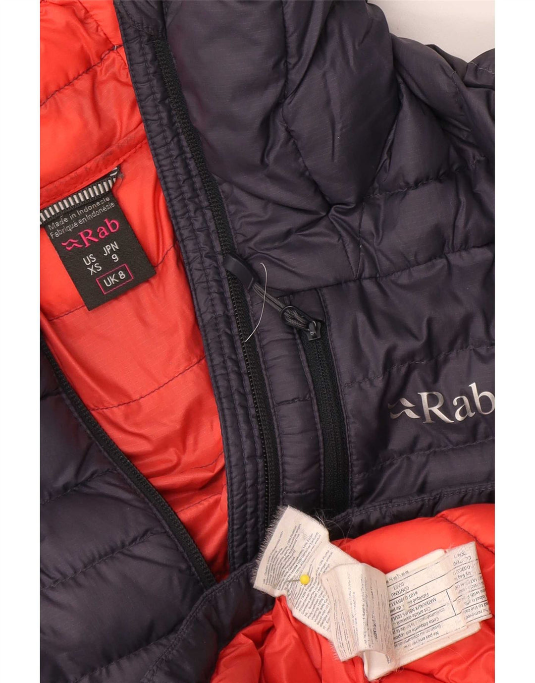 Rab Wattierte Damenjacke mit Kapuze, Größe S, Marineblau, Polyamid