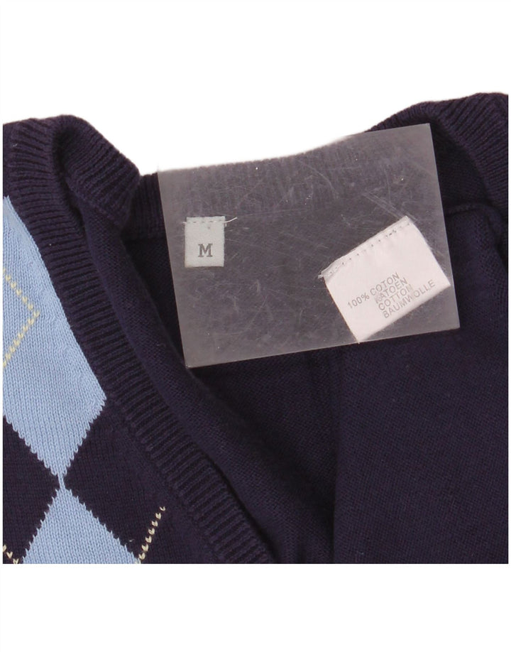 VINTAGE Herren-Pullover mit V-Ausschnitt, mittlere marineblaue Argyle-/Diamant-Baumwolle