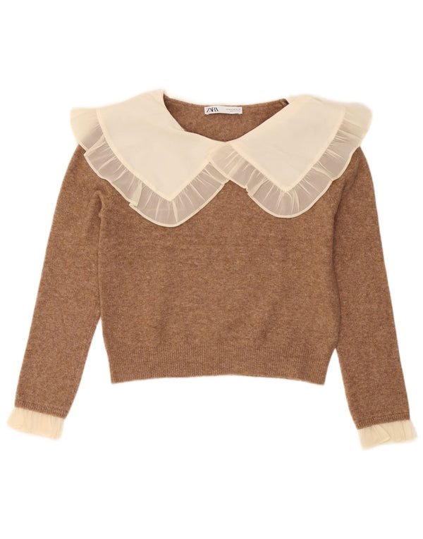 Zara Womens Crop Boat Neck Jumper Sweater UK 12 Medium Brown Colourblock