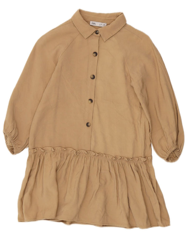 Zara Mädchenkleid mit Rüschen und tiefer Taille, 9–10 Jahre, beige Viskose