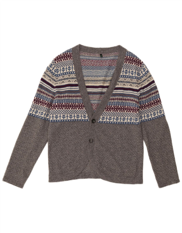 Benetton Damen-Cardigan-Pullover UK 14 Mittelgraue Fair-Isle-Wolle