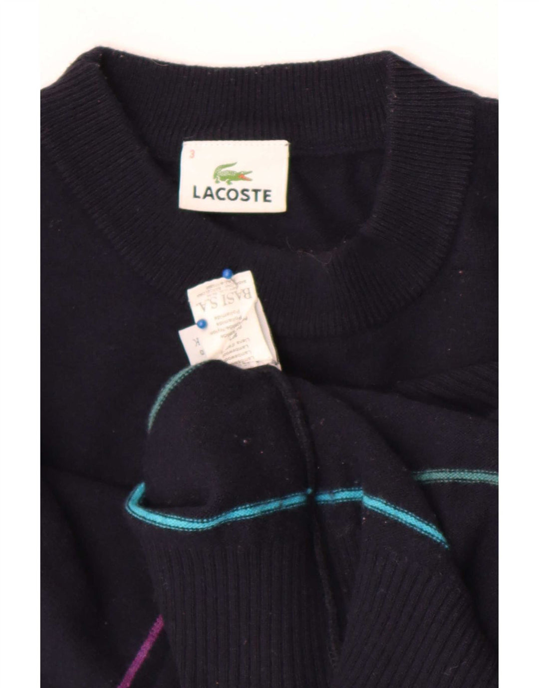 Lacoste Herren-Pullover mit Rundhalsausschnitt, Größe 3, klein, marineblau gestreift