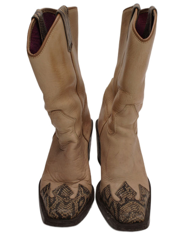 Vintage Damen Leder Cowboystiefel UK Größe 6 Beige Animal Print Western