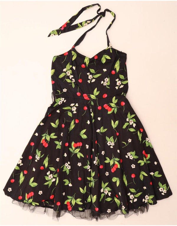 Vintage Damen Neckholder Tutu Kleid UK 20 2XL Schwarz geblümt