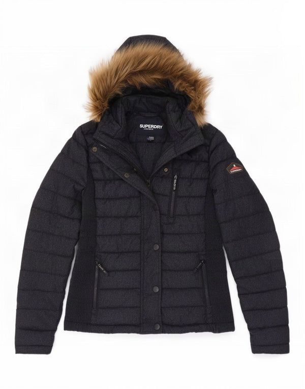 Superdry Wattierte Jacke mit Kapuze für Damen, UK 18, XL, Marineblau geflecktes Nylon
