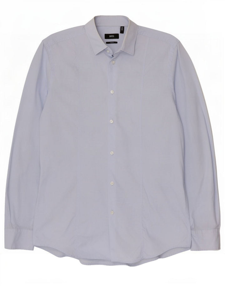 Hugo Boss Herren-Slim-Fit-Hemd, Größe 40, 15 3/4, mittelblaue Baumwolle