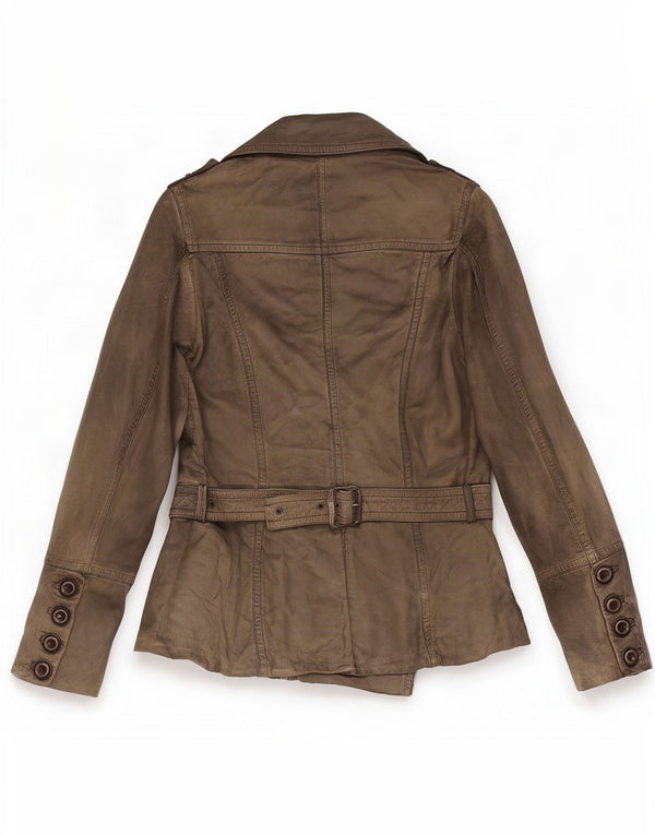 Vintage Damen Militärische Zweireihige Lederjacke EU 38 Medium Khaki