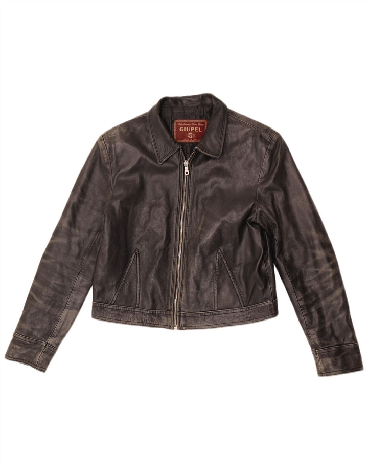 Vintage Damen Crop Lederjacke UK 14 Mittelschwarzes Leder