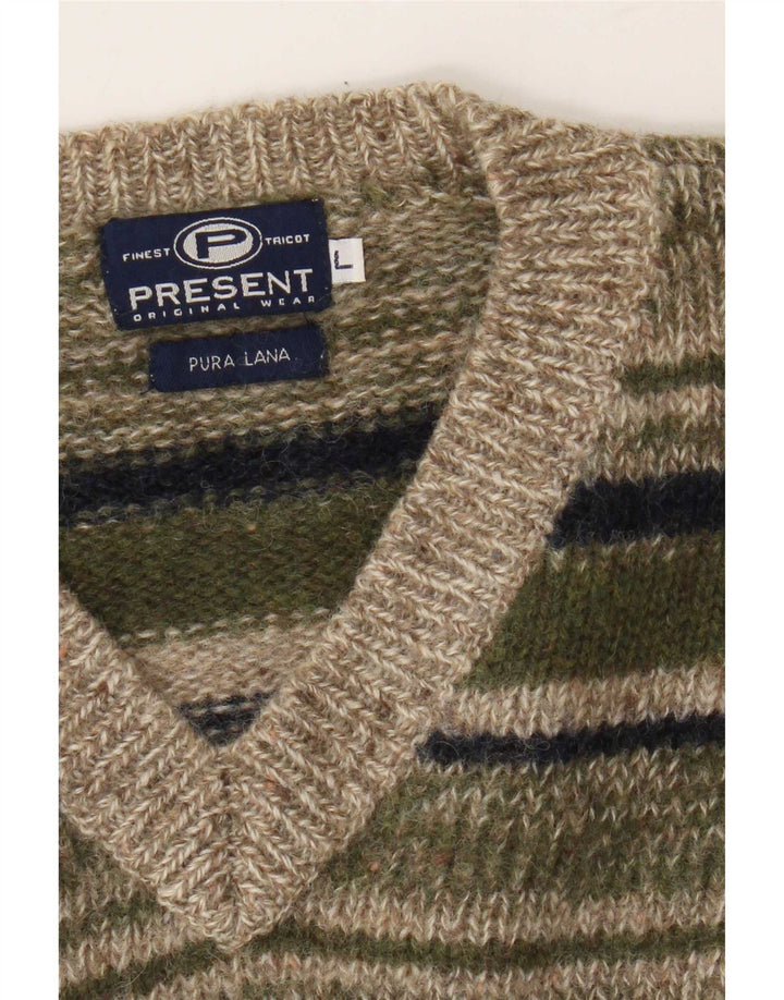 Vintage Herren Pullover mit V-Ausschnitt, große Khaki-gestreifte Wolle