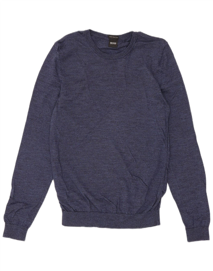 Hugo Boss Herren-Pullover mit Rundhalsausschnitt, mittlere marineblaue Wolle