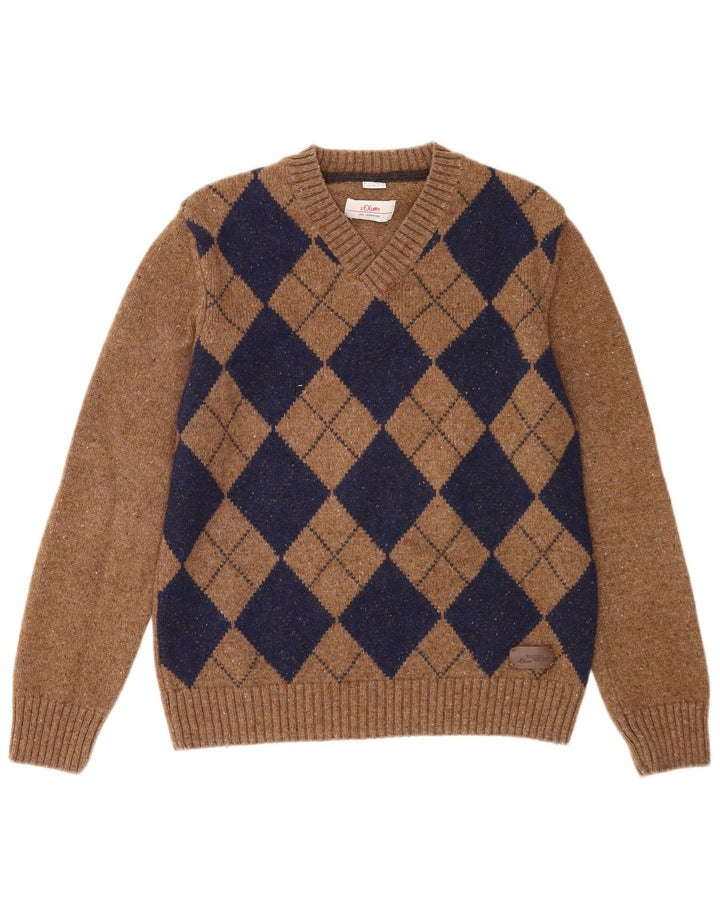 S.Oliver Herren-Pullover mit V-Ausschnitt, groß, braun, Argyle/Diamond-Wolle