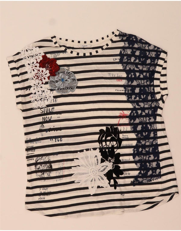 Desigual Womens Graphic T-Shirt Top UK 16 Große weiß gestreifte Baumwolle