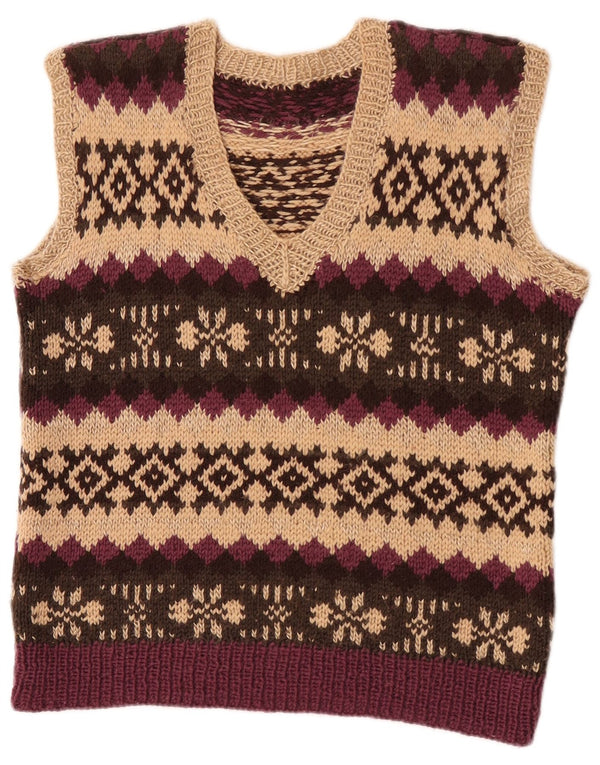 Vintage Damen Crop Weste Tank Top UK 12 Medium Beige Fair Isle