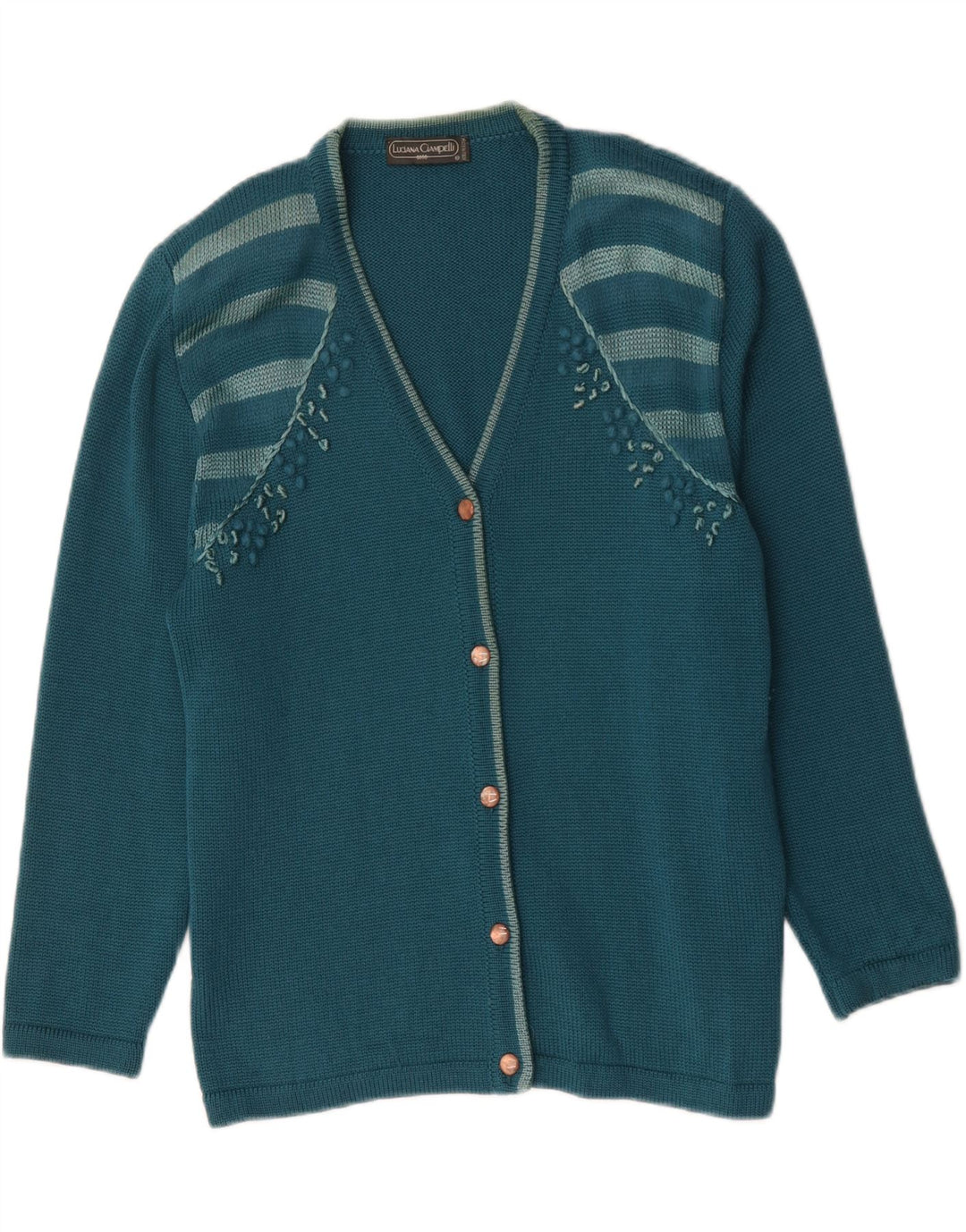Vintage Damen Cardigan Pullover UK 14 Große blau gestreifte Wolle