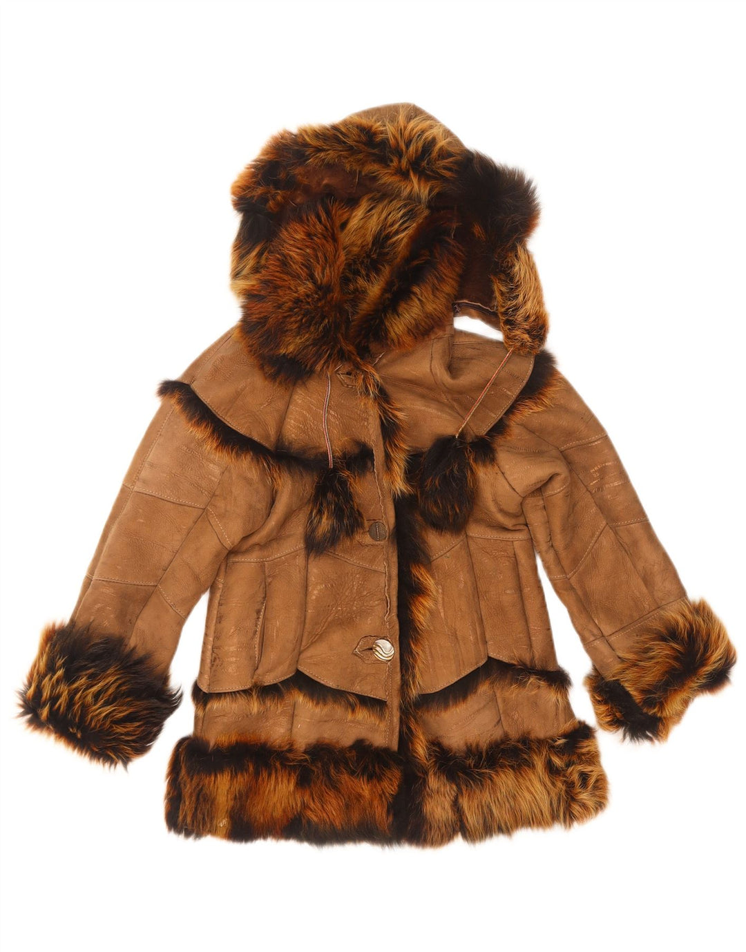 Vintage Mädchen-Jacke aus Lammfell mit Kapuze, 7–8 Jahre, Braun