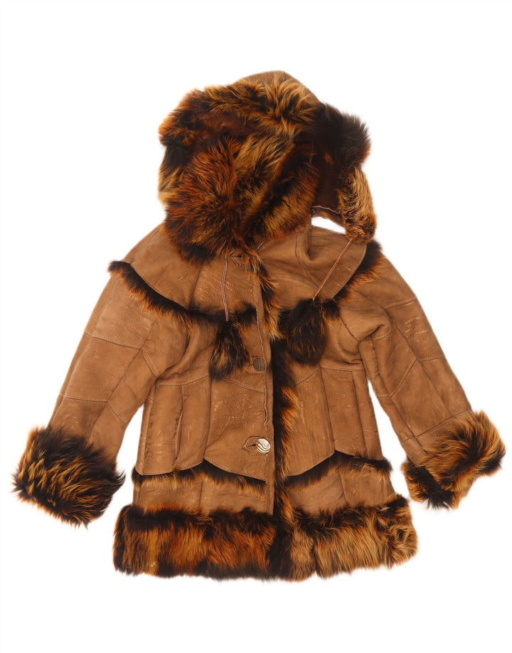 Vintage Mädchen-Jacke aus Lammfell mit Kapuze, 7–8 Jahre, Braun