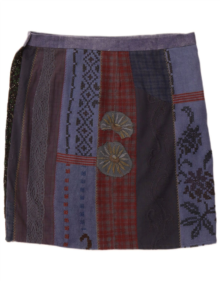 VINTAGE Damen Wickelrock Groß W36 Blau Patchwork