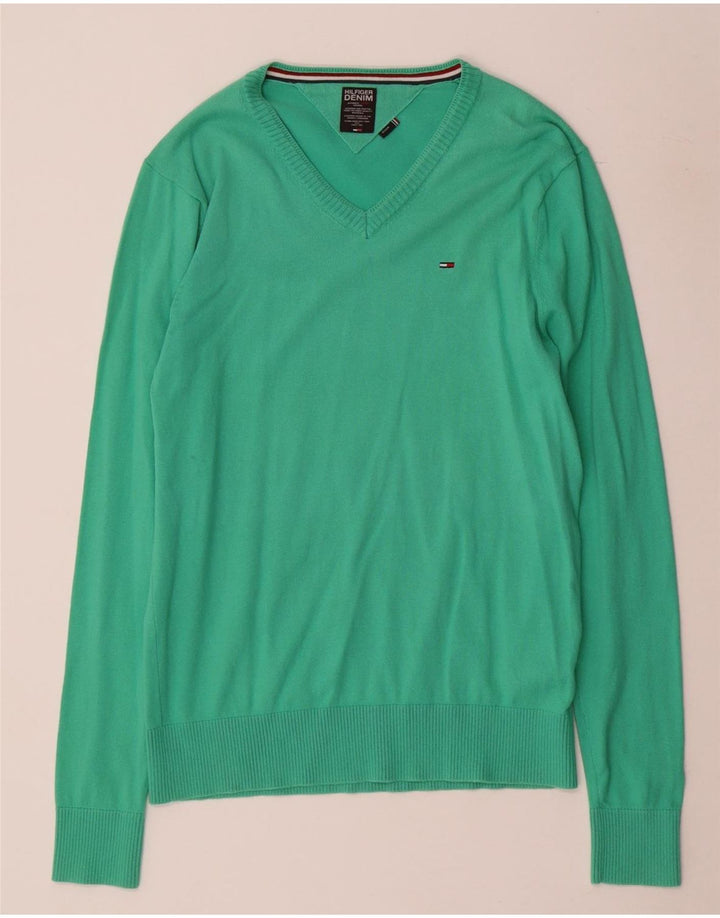 Tommy Hilfiger Herren-Pullover mit V-Ausschnitt aus mittelgrüner Baumwolle