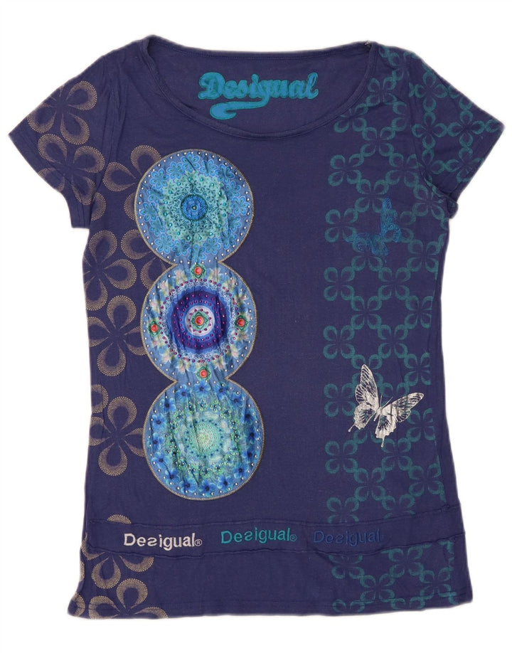 DESIGUAL Damen Grafik-T-Shirt-Oberteil UK 12 Medium Marineblau mit Blumenmuster