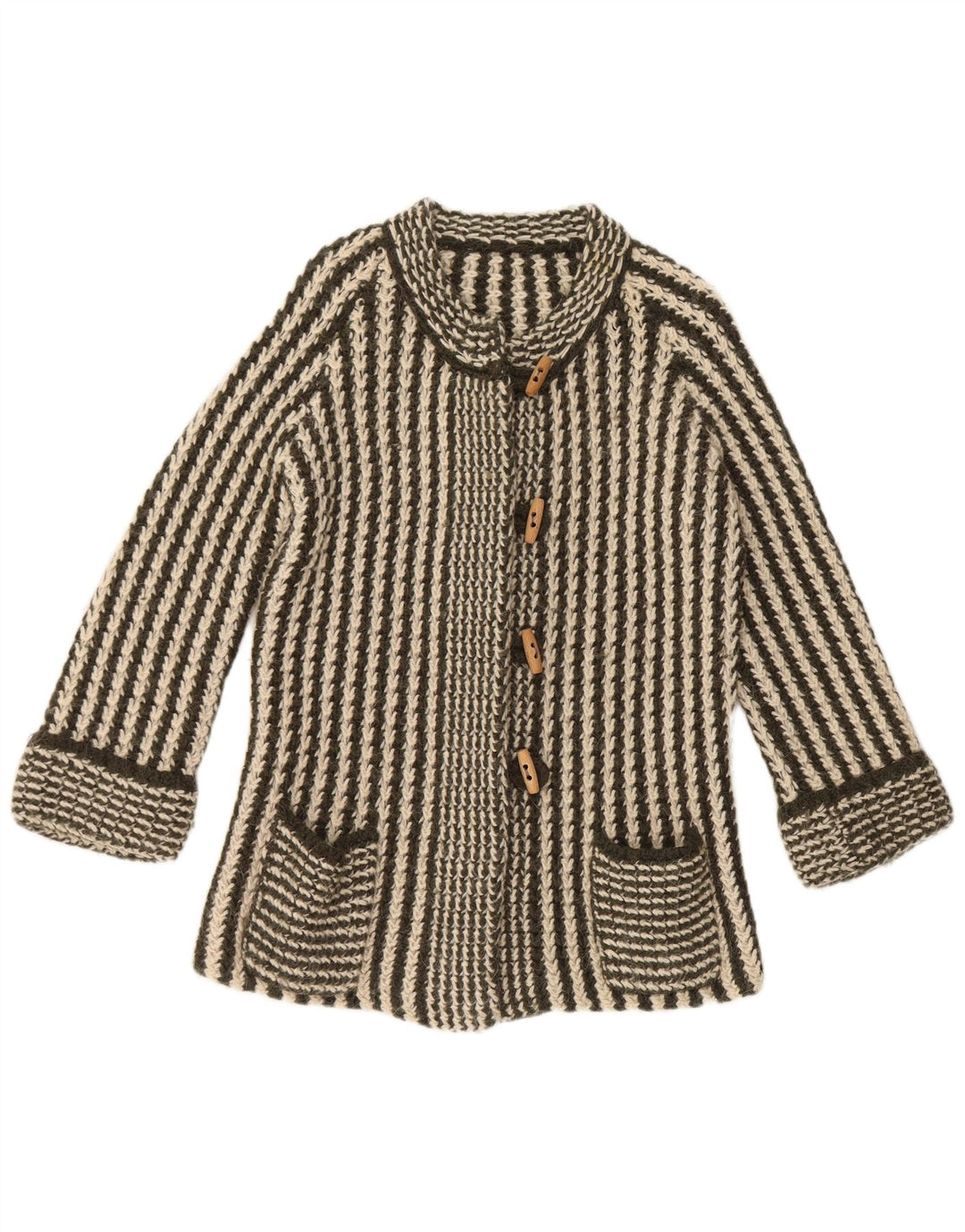 VINTAGE Damen Strickjacke mit 3/4-Ärmeln, UK 14, Mittelgrün gestreift