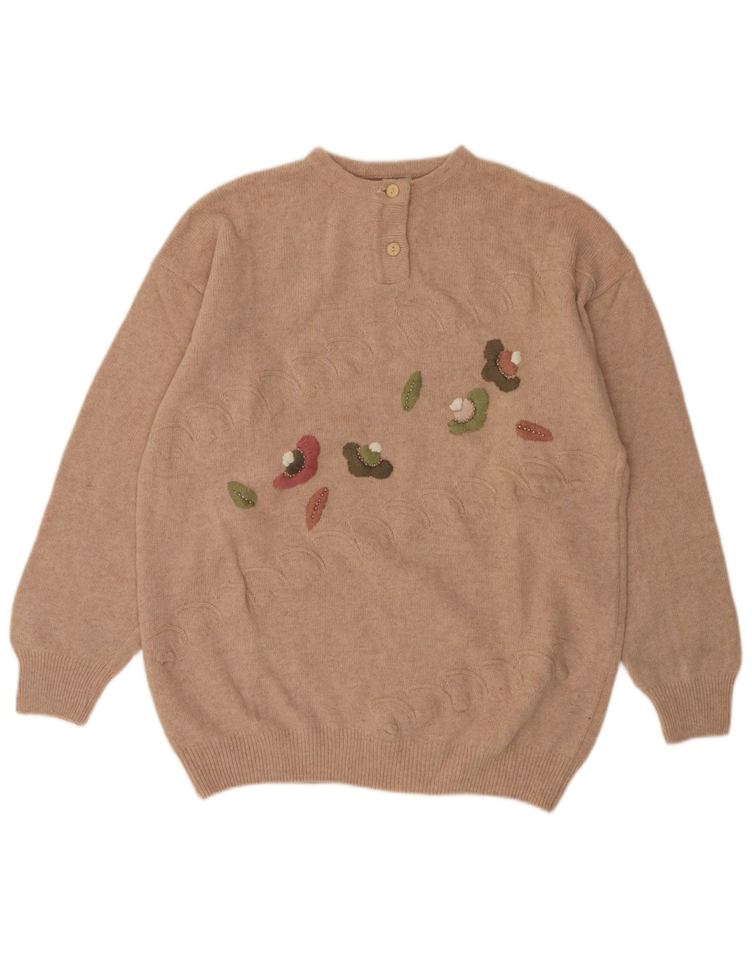 VINTAGE Damen-Pullover mit Knopfkragen, UK 14, Mittelbeige mit Blumenmuster