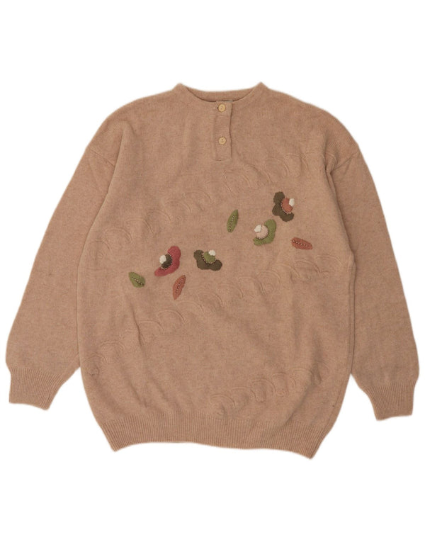 VINTAGE Damen-Pullover mit Knopfkragen, UK 14, Mittelbeige mit Blumenmuster