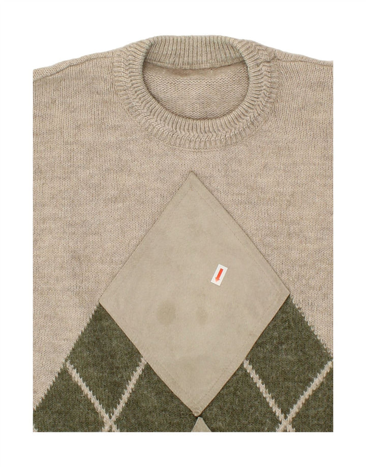 VINTAGE Mens Crew Neck Jumper Sweater Large Beige Argyle/Diamond Wool Vintage Vintage and Second-Hand Vintage from Messina Hembry 