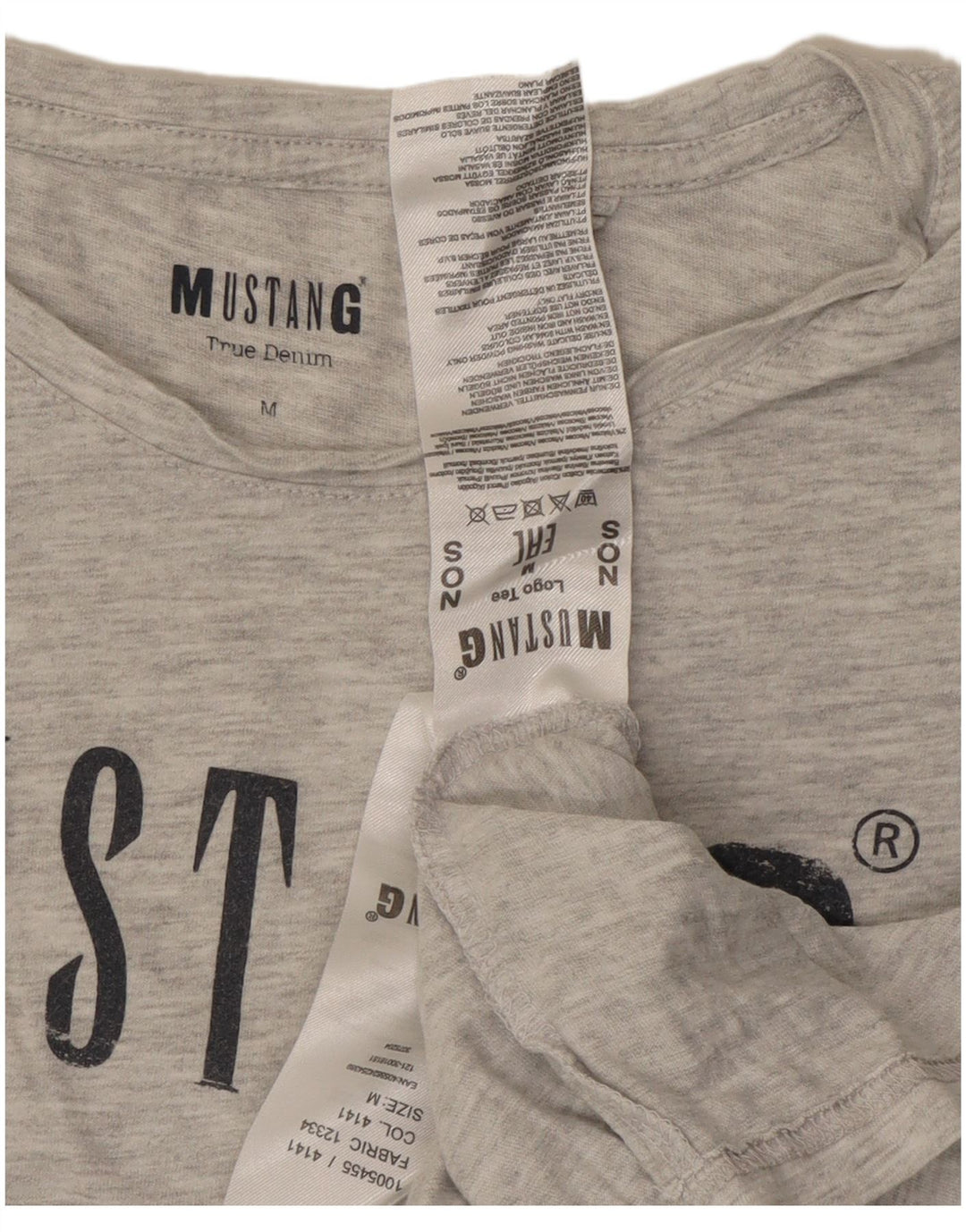 MUSTANG Damen Grafik-T-Shirt-Oberteil UK 14 Mittelgrau gefleckte Baumwolle