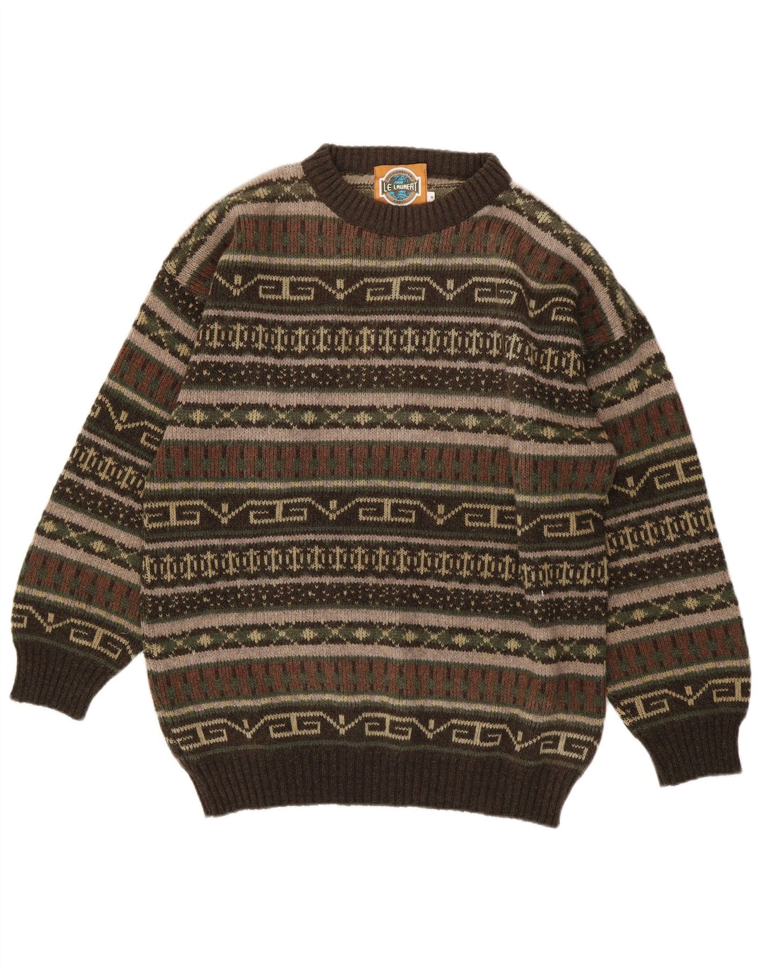 Le Laureat Herren-Pullover mit Rundhalsausschnitt, mittelgroße Khaki-geometrische Wolle