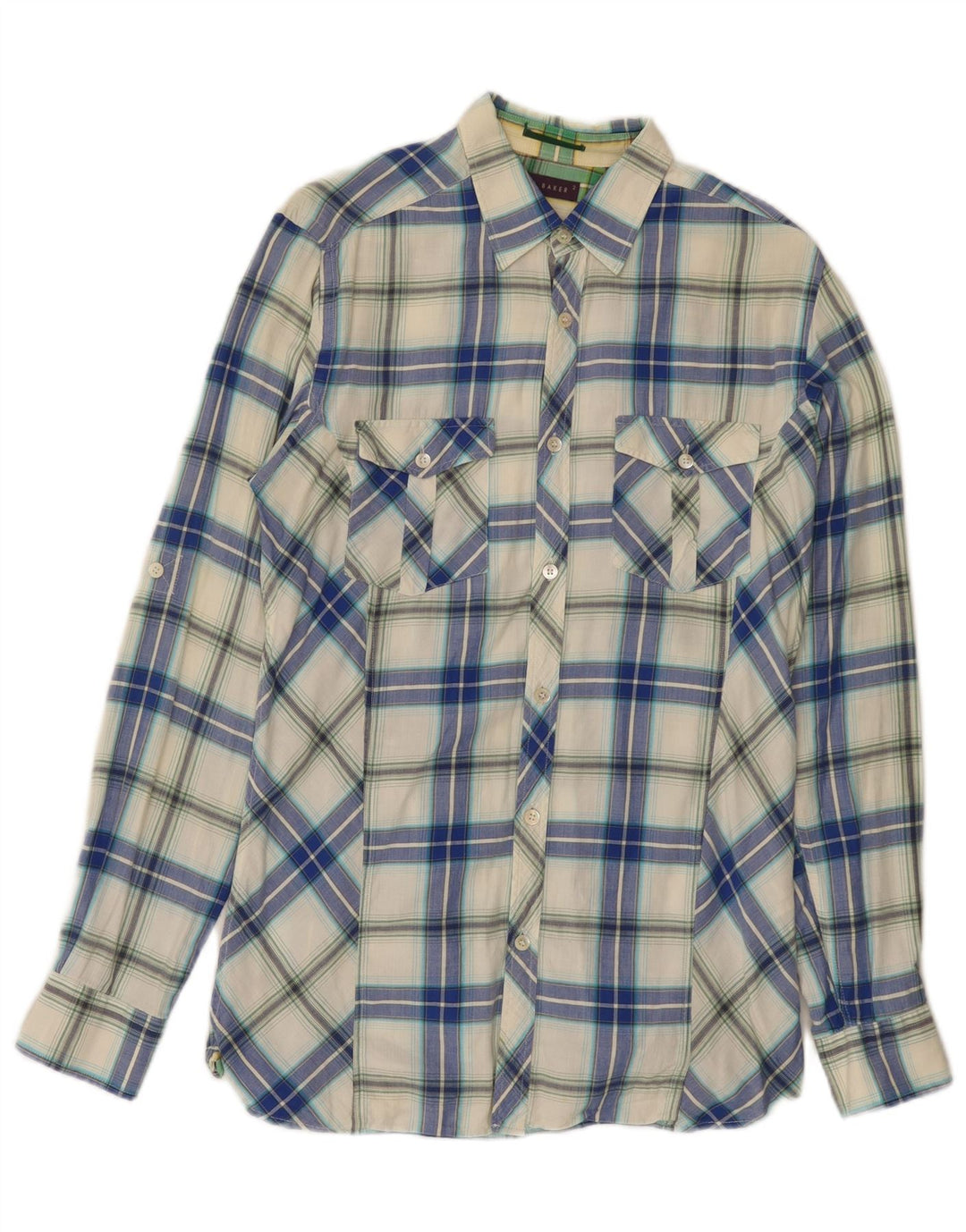 Ted Baker Herren-Flanellhemd, Größe 2, klein, blau karierte Baumwolle