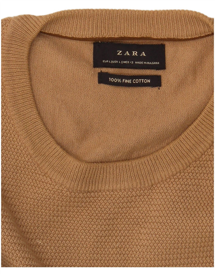 Zara Herren-Pullover mit Rundhalsausschnitt, groß, beige Baumwolle