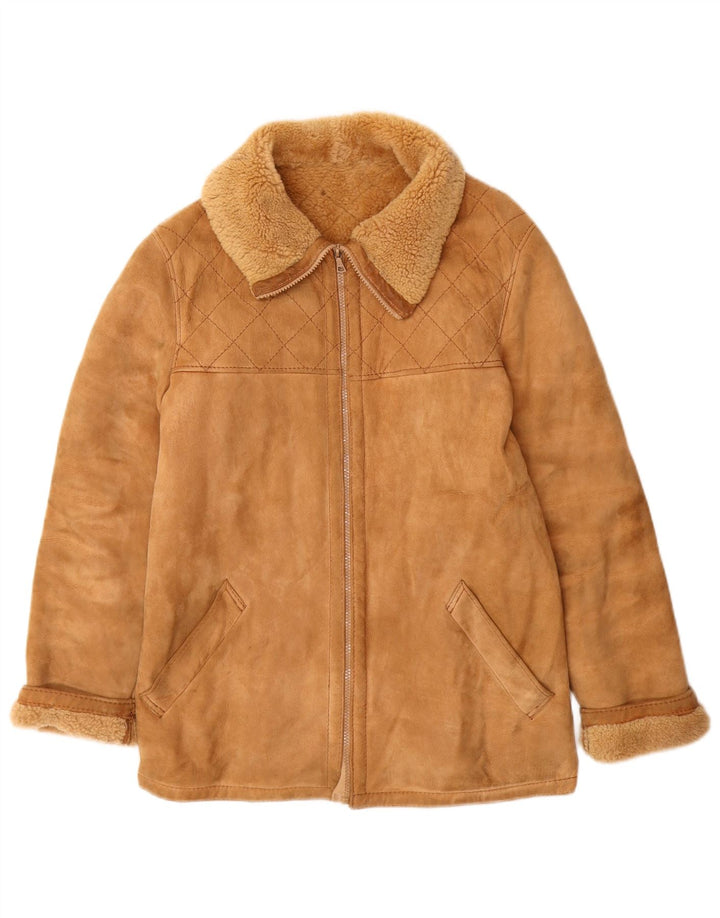 Vintage Damen Shearling Jacke IT 46 Großes Beige Leder
