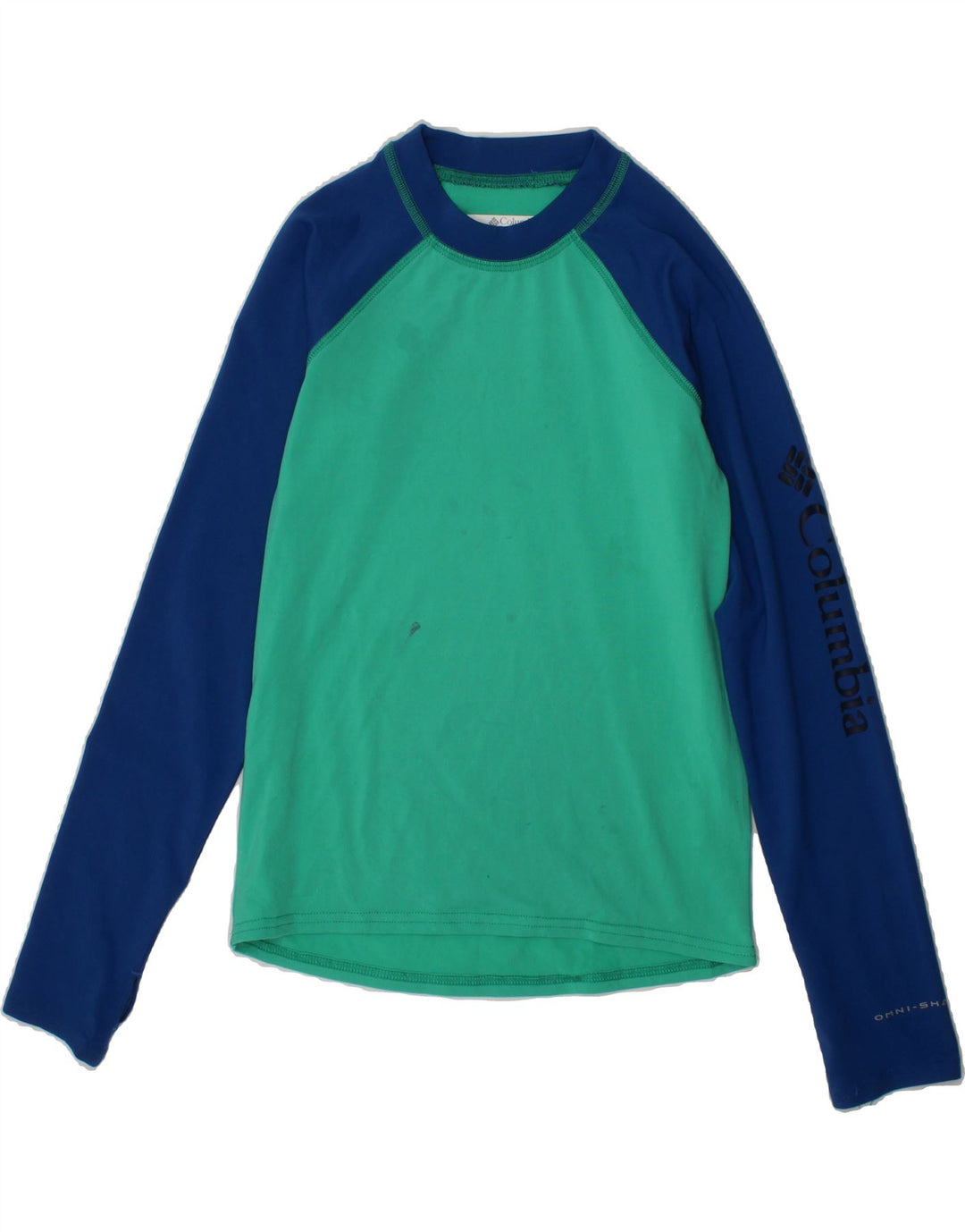COLUMBIA Boys Top Long Sleeve 7-8 Years Small Green Colourblock Polyester Vintage Columbia and Second-Hand Columbia from Messina Hembry 