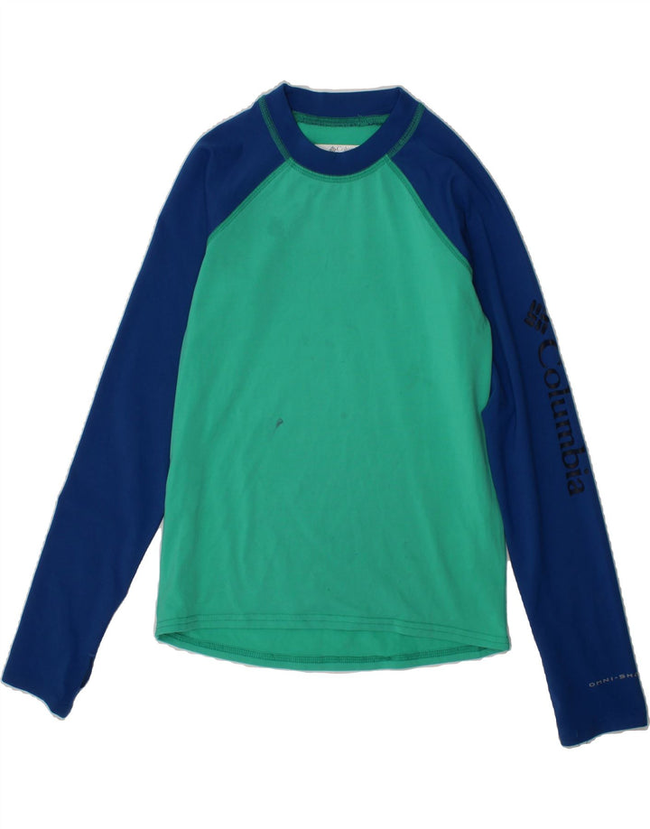 COLUMBIA Boys Top Long Sleeve 7-8 Years Small Green Colourblock Polyester Vintage Columbia and Second-Hand Columbia from Messina Hembry 