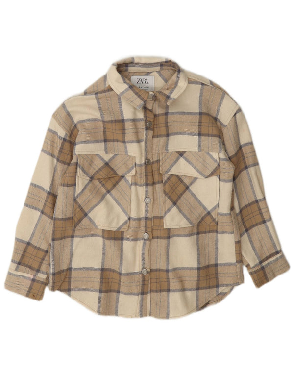 Zara Mädchen-Overshirt, Flanellhemd, 8–9 Jahre, beige karierte Baumwolle