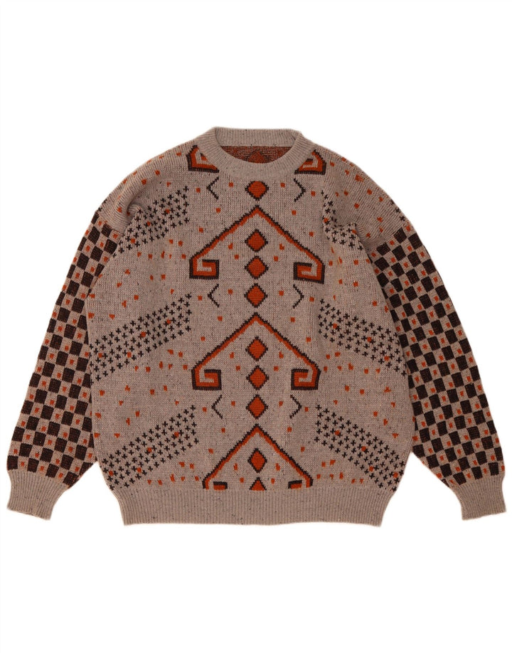 Vintage Herren Pullover mit Rundhalsausschnitt IT 52 Große graue geometrische Wolle