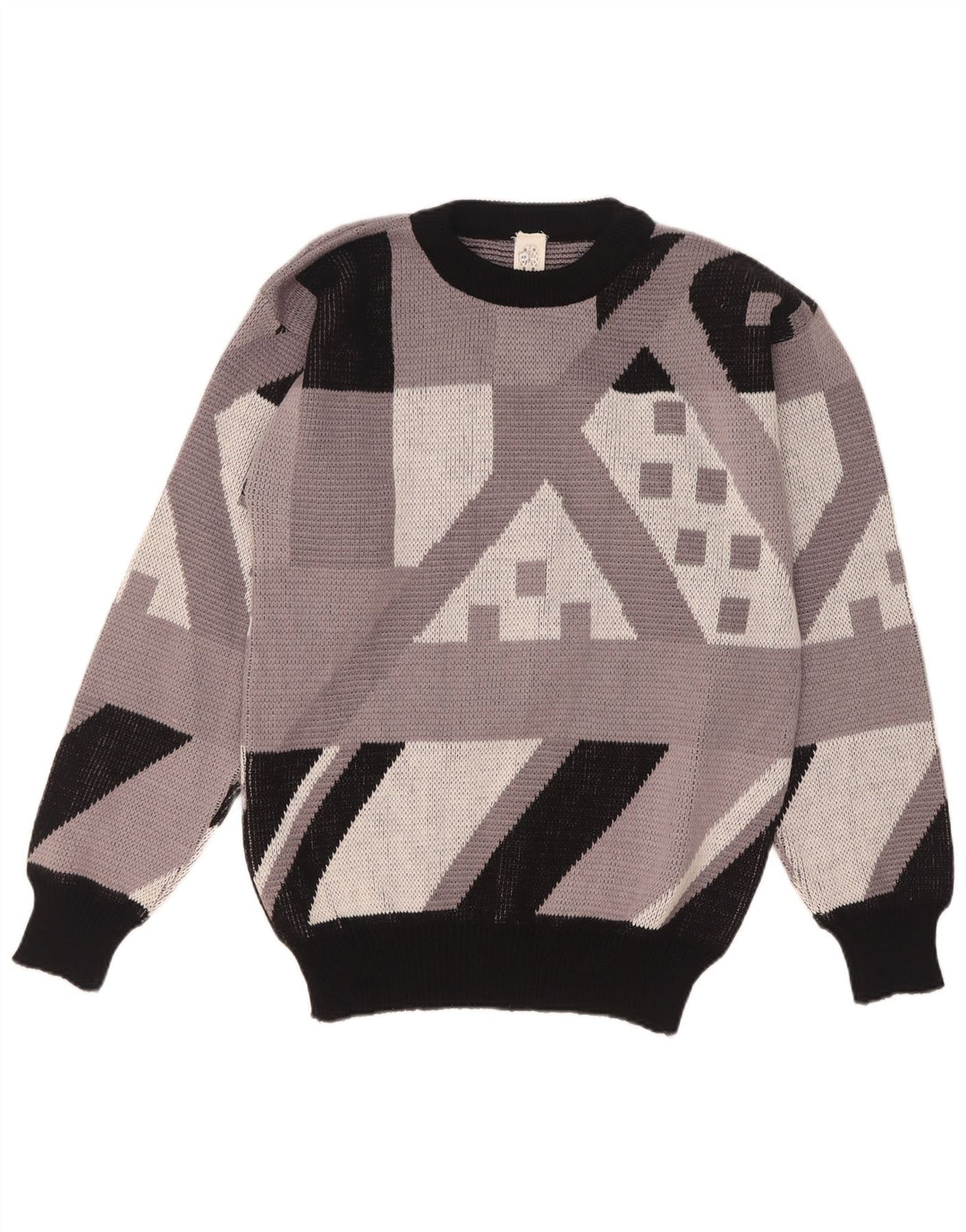 Vintage Herren Pullover mit Rundhalsausschnitt IT 48 Mittelgraues geometrisches Acryl
