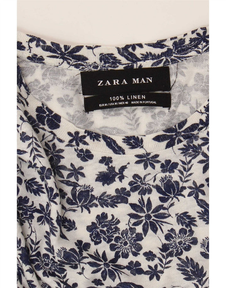 T-Shirt-Oberteil für Herren von Zara, Mittelweiß, geblümtes Leinen