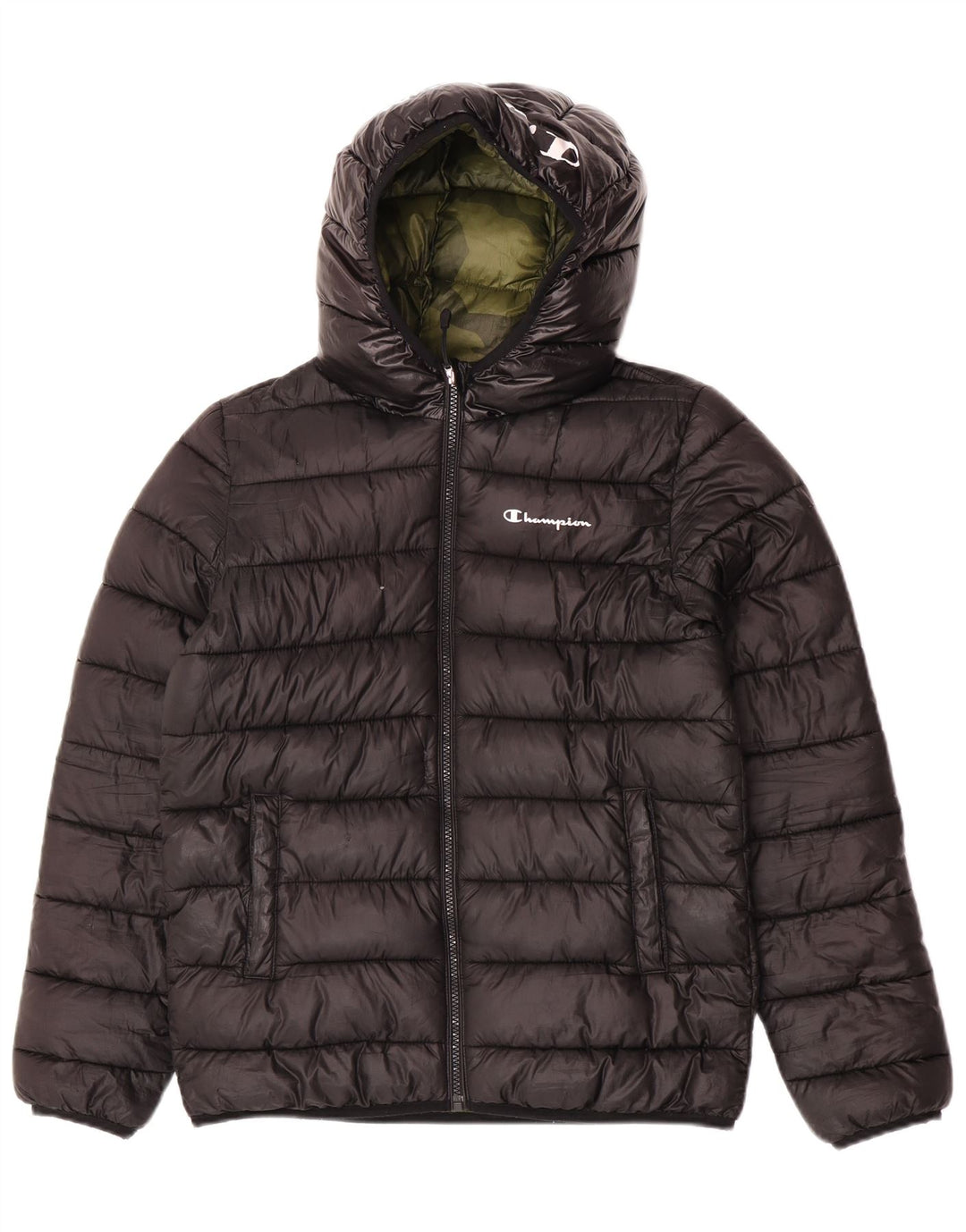 Champion wattierte Jungenjacke mit Kapuze, 11–12 Jahre, schwarzes Polyester