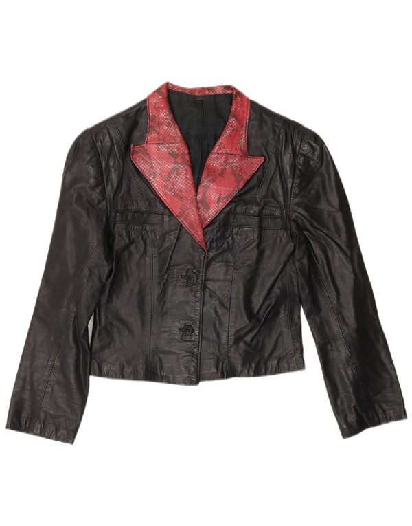 Vintage Damen Crop Leder Blazer Jacke UK 4 XS Schwarz Animal Print