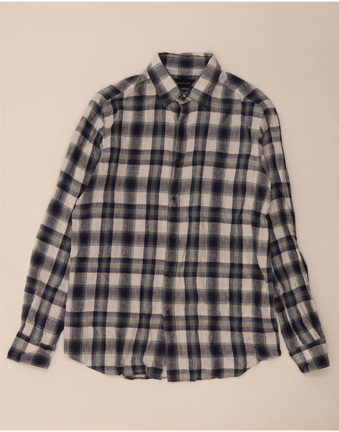 Massimo Dutti Herrenhemd, groß, marineblau, kariert, Leinen