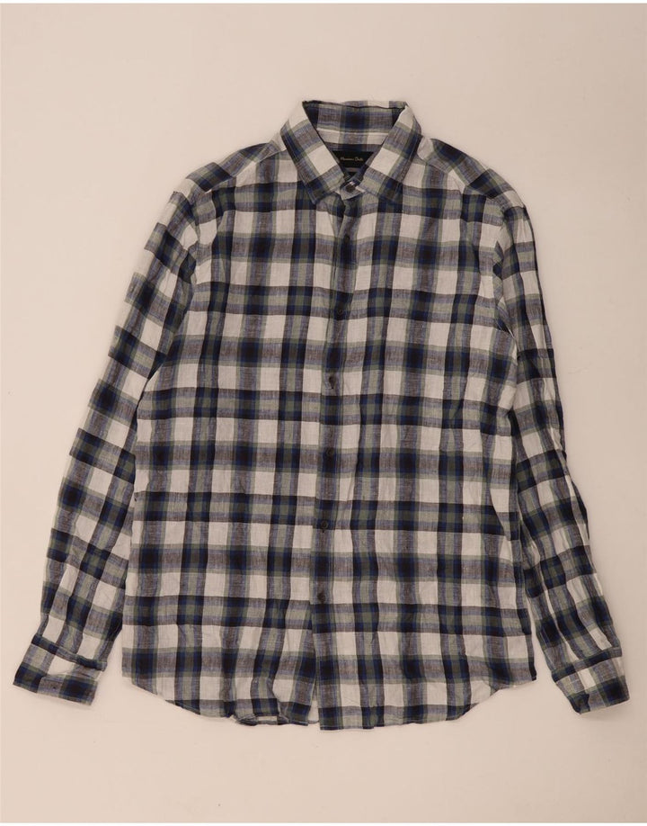 Massimo Dutti Herrenhemd, groß, marineblau, kariert, Leinen