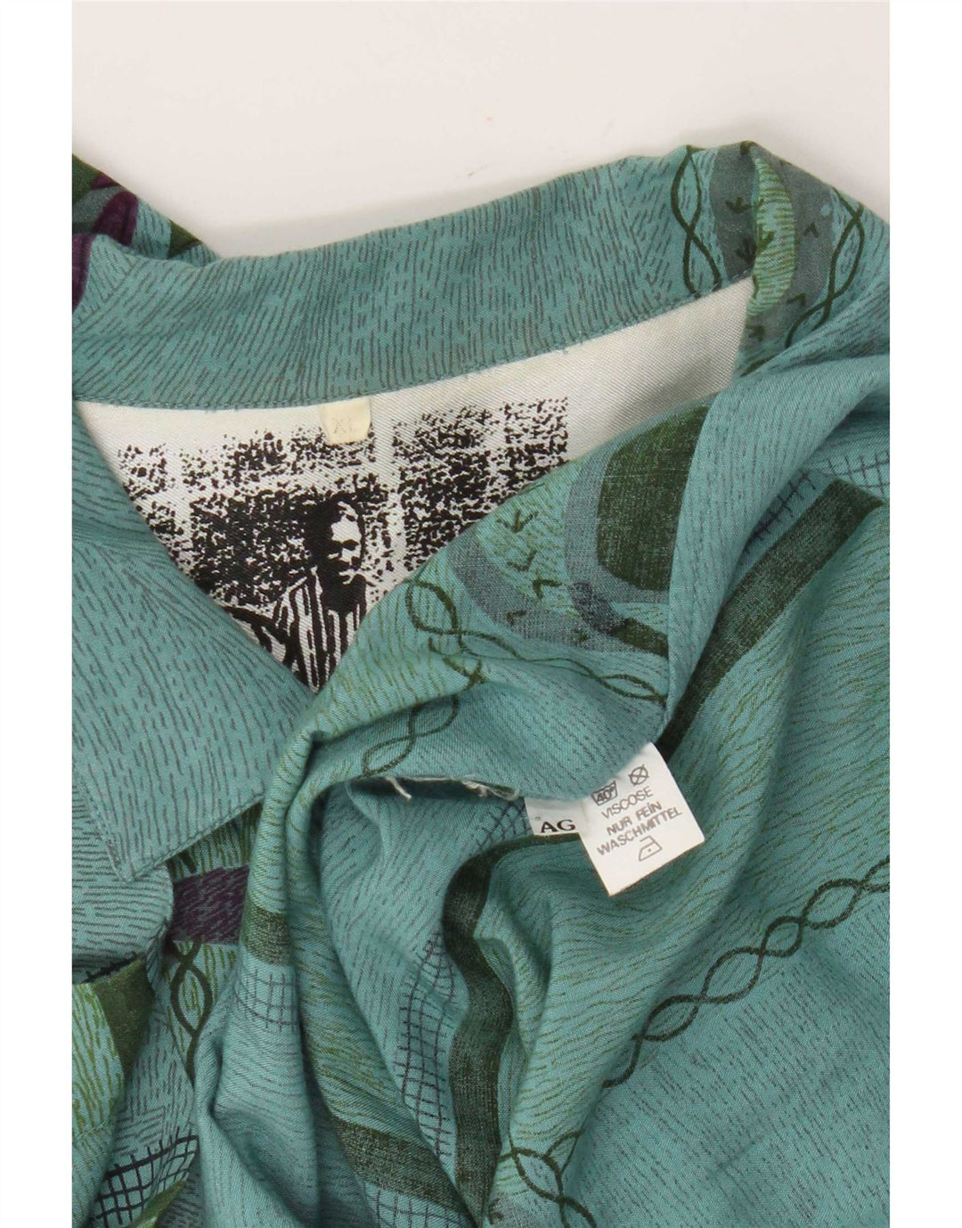 Vintage Herren-Kurzarmshirt mit abstraktem Muster, XL, grüne Viskose
