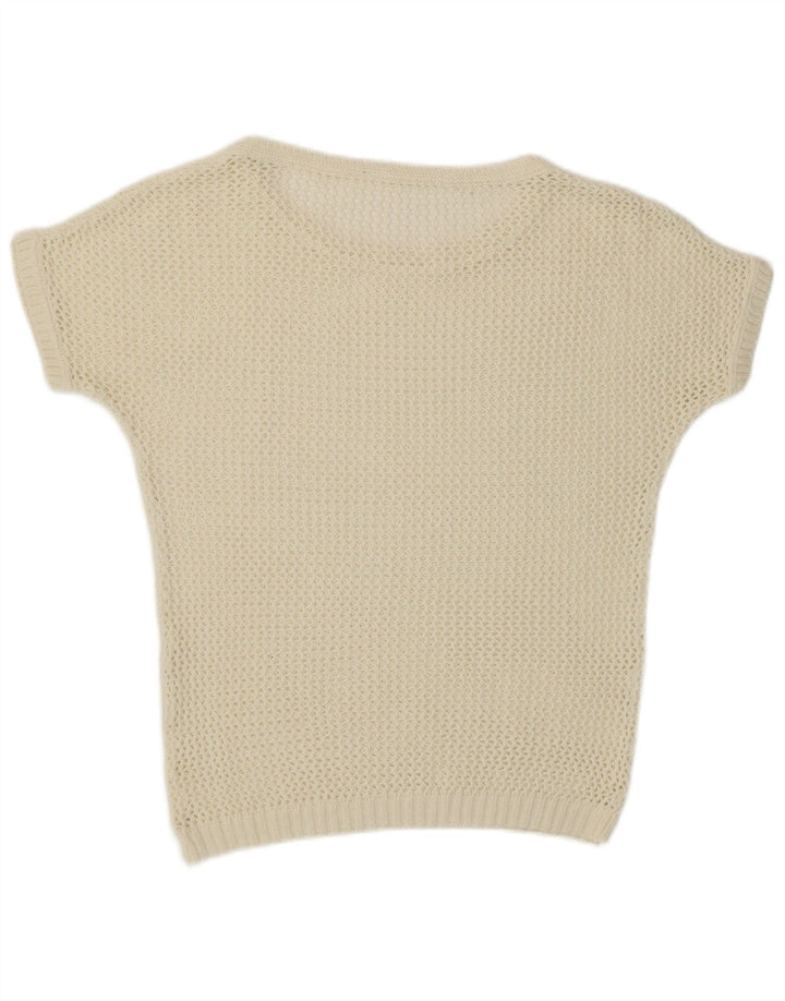 Vintage Damen Kurzärmeliger Pullover mit Rundhalsausschnitt UK 12 Medium Off White