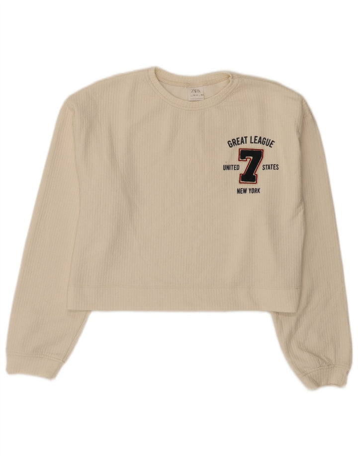 Zara Crop Graphic Top für Mädchen, langärmlig, 13–14 Jahre, weißes Polyester