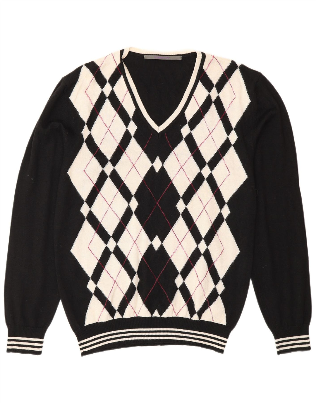 Vintage Herren V-Ausschnitt Pullover Pullover XL Schwarz Argyle/Diamond Wool
