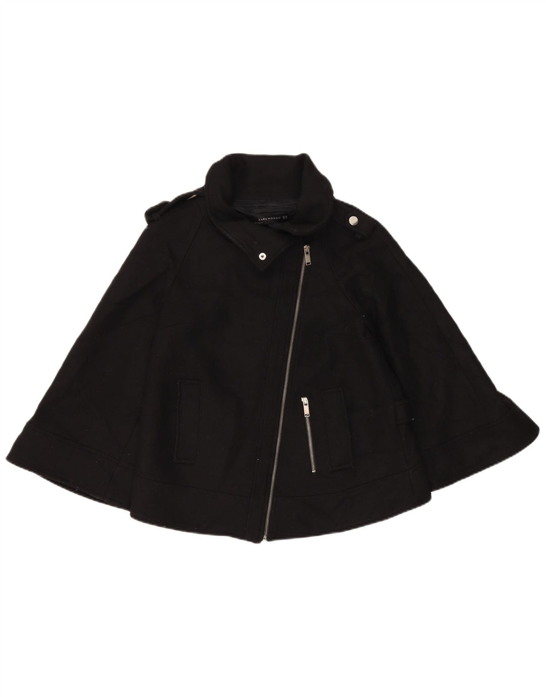 Zara Damen Kurzer Poncho-Mantel UK 6 XS Schwarze Wolle