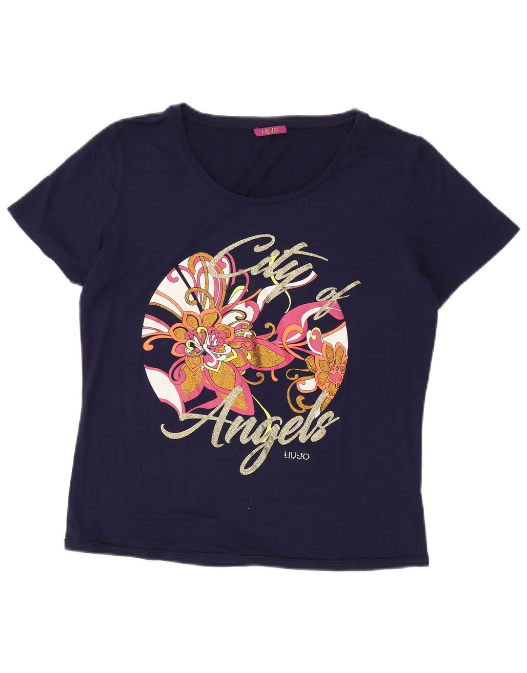 LIU JO Damen Grafik-T-Shirt-Oberteil UK 14 Medium Marineblau mit Blumenmuster