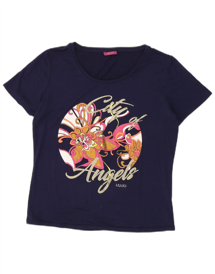 LIU JO Damen Grafik-T-Shirt-Oberteil UK 14 Medium Marineblau mit Blumenmuster